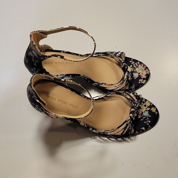 WHO WHAT WEAR HIGH HEEL STILETTOS ANKLE STRAP FLORAL PRINT OPEN TOE SANDAL - Picture 5 of 15